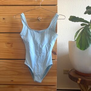 Light blue square neck Danskin leotard - petite